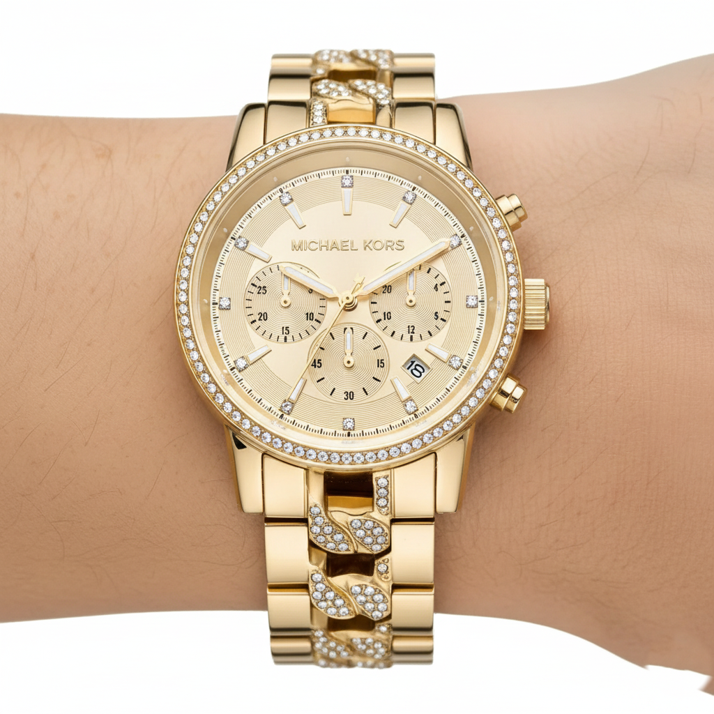 Extreme close-up of Michael Kors MK6937 showing crystal encrusted bracelet center links