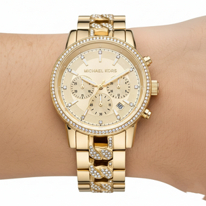 Extreme close-up of Michael Kors MK6937 showing crystal encrusted bracelet center links
