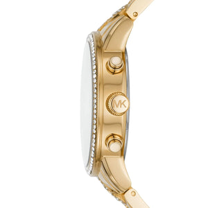 Side view of Michael Kors MK6937 showing chronograph pushers and gold case
