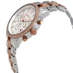 Angled front view of Michael Kors MK6938 showing depth of silver dial and sub-dials