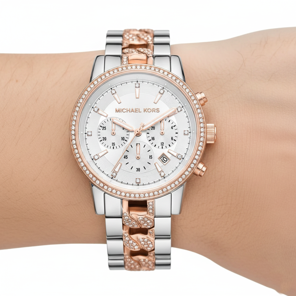 Extreme close-up of Michael Kors MK6938 showing crystal encrusted rose gold center links
