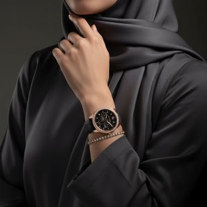 Modest woman wearing Michael Kors MK6968 rose gold watch with black MK logo strap on hairless wrist
