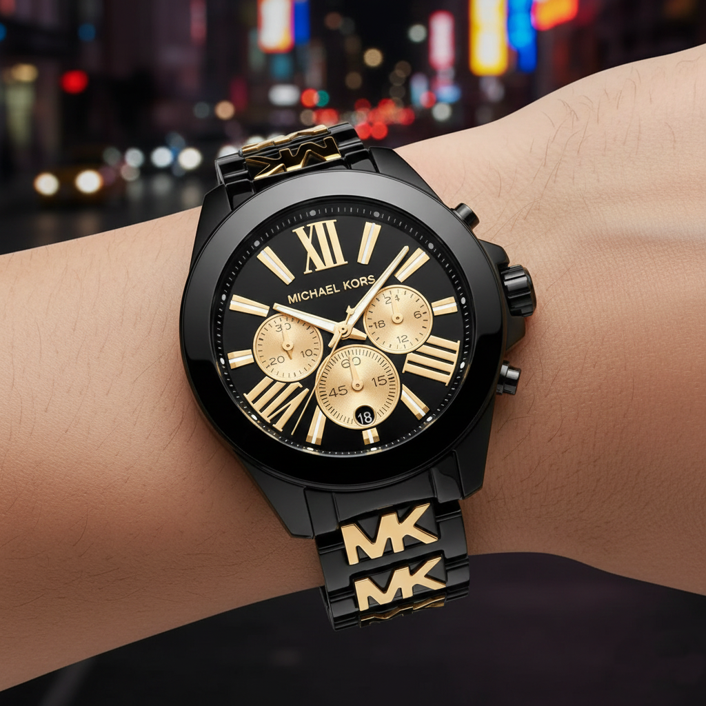 Extreme close-up of Michael Kors MK6978 bracelet showing gold MK logo links