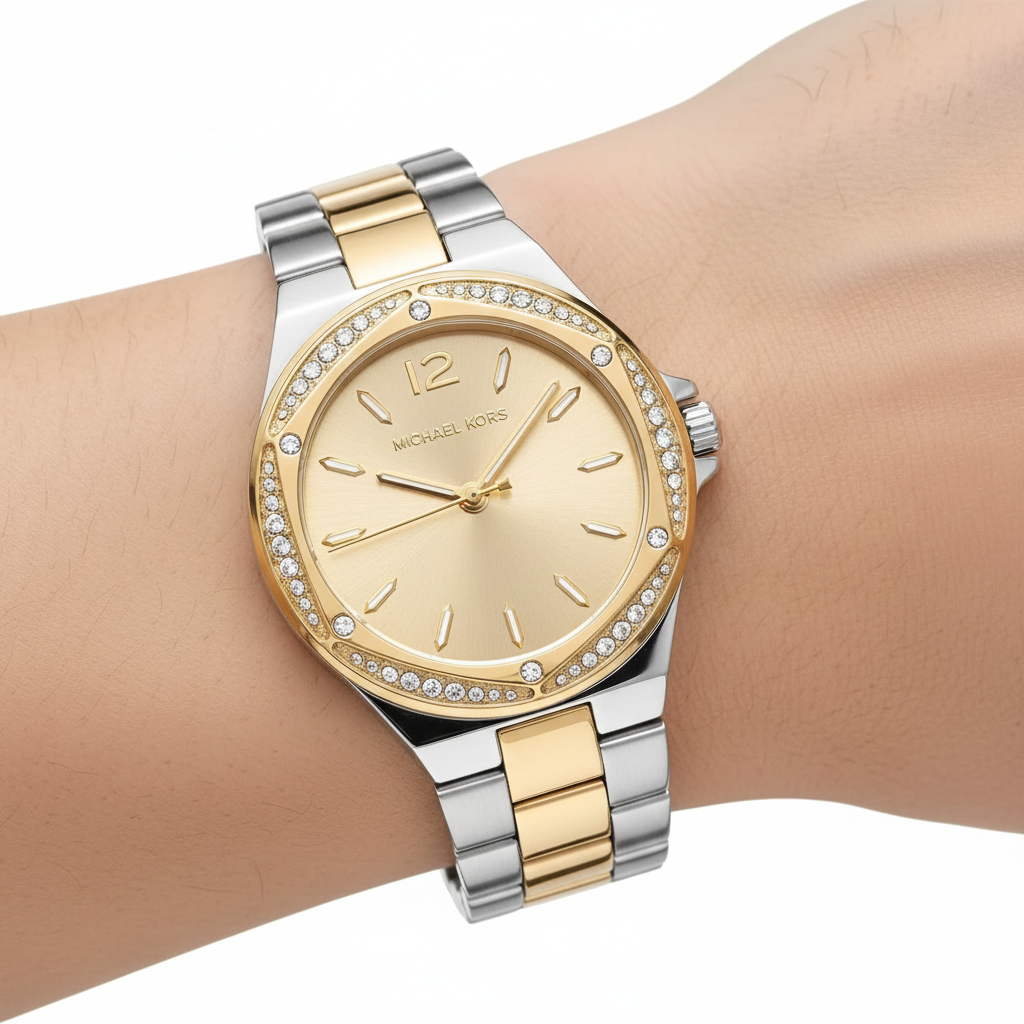 Extreme close-up of Michael Kors MK6988 showing crystal bezel and large 12 numeral