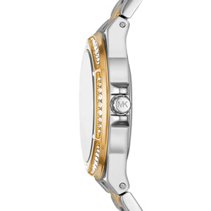 Side view of Michael Kors MK6988 showing polished silver and gold case details