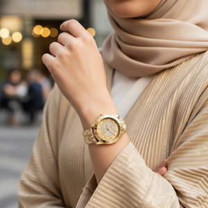 Modern chic: Hijabi woman wearing Michael Kors MK6999 metallic logo watch on hairless wrist