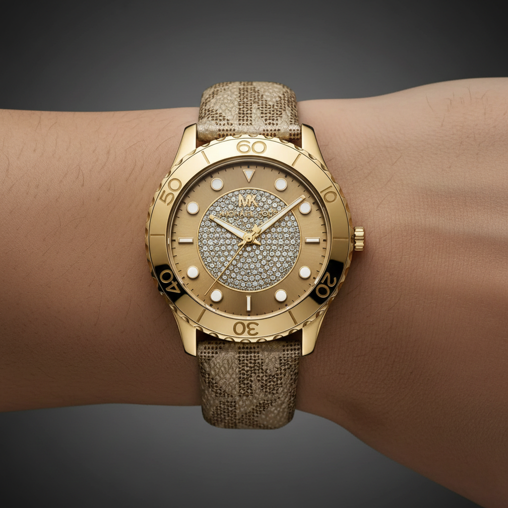 Extreme close-up of Michael Kors MK6999 showing gold dial with pave crystal center
