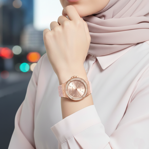Modest fashion: Hijabi woman wearing Michael Kors MK7282 pink logo watch on hairless wrist