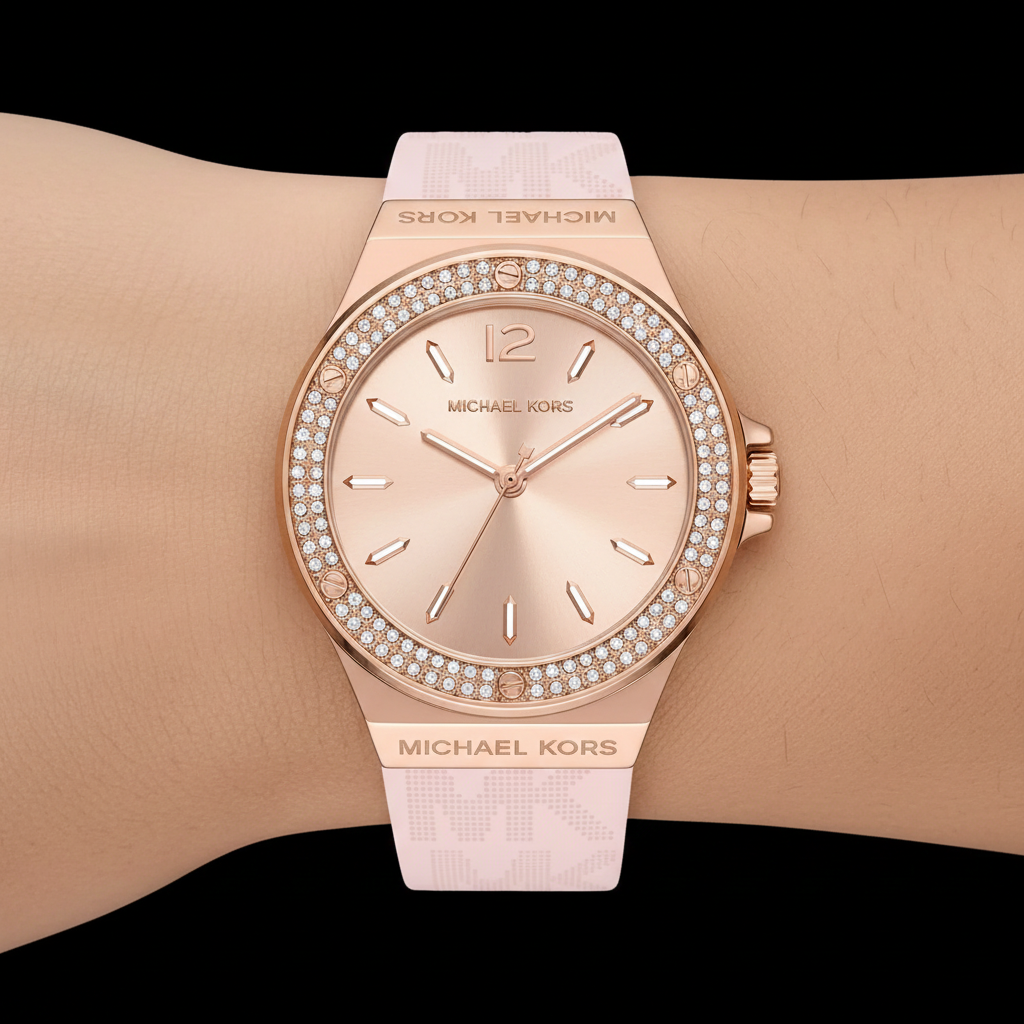 Extreme close-up of Michael Kors MK7282 showing pink silicone strap with MK logo pattern