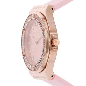 Side view of Michael Kors MK7282 showing rose gold case and Lennox bezel details