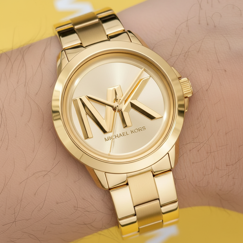 تفاصيل مينا ساعة Michael Kors MK7317 الذهبية واللوجو الكبير والهيكل المصقول