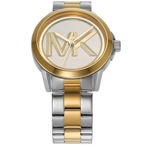 Angled front view of Michael Kors MK7319 showing depth of raised logo