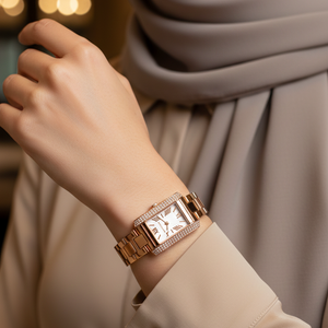 Classic elegance: Hijabi woman wearing Michael Kors MK7512 rectangular watch on hairless wrist