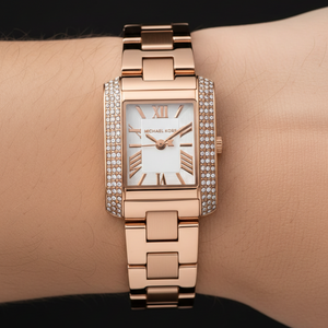 Extreme close-up of Michael Kors MK7512 showing white dial with Roman numerals