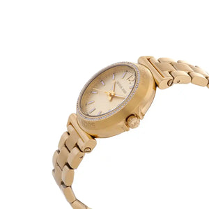 Angled view of Michael Kors MK7516 showing the shimmer of the mother-of-pearl dial