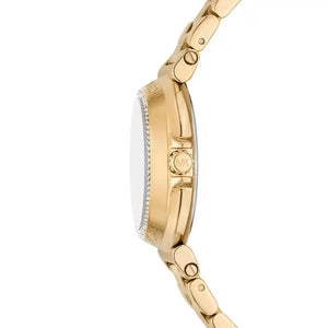Side profile of Michael Kors MK7516 showing the slim rectangular yellow gold case