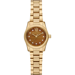 Michael Kors Petite Lexington MK7578 women's watch featuring 26mm gold-tone case and genuine brown Tiger's Eye stone dial