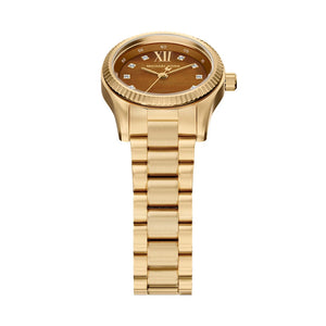 Side profile view showing the slim 7mm gold-tone case thickness of the Michael Kors MK7578