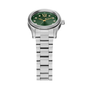Angled view of Michael Kors MK7580 highlighting the silver-tone fluted bezel and rich green face