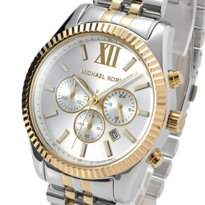 Close-up shot of Michael Kors MK8344 silver dial with gold Roman numeral at 12