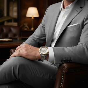 Businessman wearing Michael Kors MK8344 two-tone watch on clean wrist with suit
