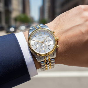 Extreme close-up of Michael Kors MK8344 showing gold fluted bezel and roman numerals