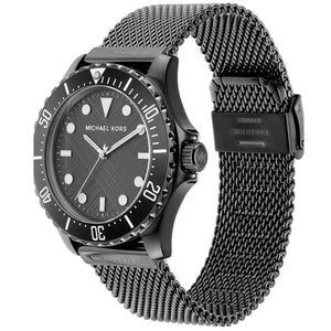 Angled front view of Michael Kors MK9093 showing industrial diver bezel design