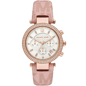 Michael Kors MK6935 Parker Women's Rose Gold Watch with Pink Logo Strap and Crystals