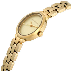 Gold watch with a chain-like bracelet on a white background