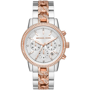 Michael Kors MK6938 Ritz Women's Two-Tone Watch with Rose Gold Pave Crystal Links