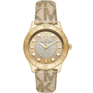 Michael Kors MK6999 Runway Women's Gold Watch with Metallic Logo Strap and Crystal Center