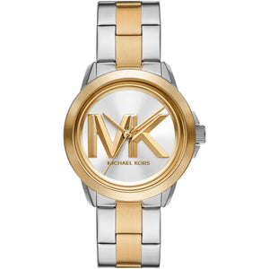 Michael Kors MK7319 Women's Two-Tone Watch with Large Gold MK Logo on Silver Dial
