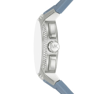 Side profile of the polished silver-tone case and textured crown of the Michael Kors MK7220
