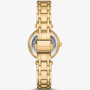 Caseback of Michael Kors Lennox MK01083 women's quartz battery watch showing technical specs white mother of pearl dial and gold metal bracelet