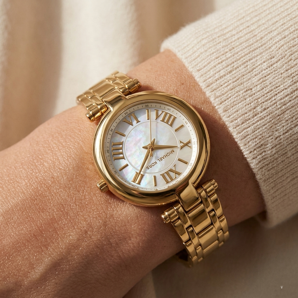 Close up of Michael Kors Lennox MK01083 women's quartz battery watch on wrist showing white mother of pearl dial and gold metal bracelet