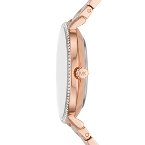 Rose gold watch with MK logo on a white background