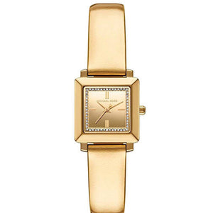 Authentic real-life photo of Michael Kors MK1218 showing actual gold metallic leather and crystal bezel