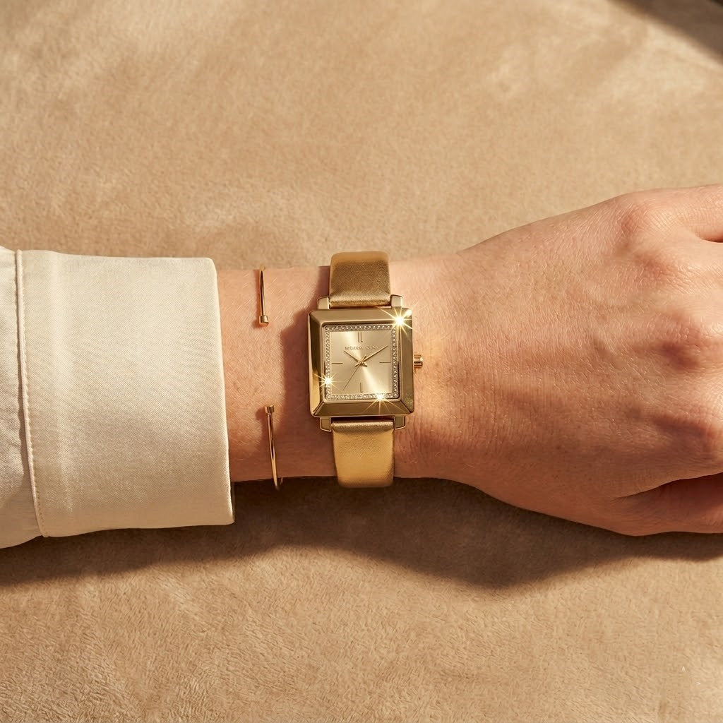 Close up shot of Michael Kors MK1218 on wrist showing petite square gold case and pavé crystals
