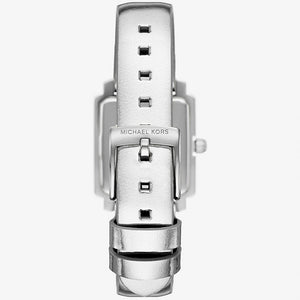 Photo of the silver-tone stainless steel buckle on the metallic leather strap of MK1219