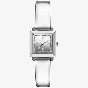 Authentic real-life photo of Michael Kors MK1219 showing actual silver metallic leather and crystal bezel