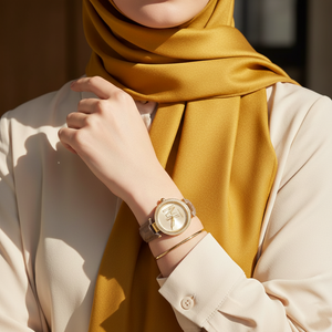 ساعة مايكل كورس MK2973 ليليان ذهبي بسير جلد طبيعي أصفر على معصم محجبة