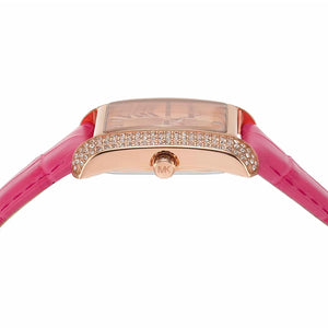 Angled front view of Michael Kors MK2984 highlighting the rectangular shape and pink strap connection