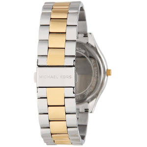 Detailed view of silver and gold stainless steel links for MK3198 watch