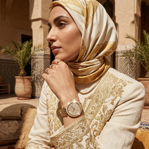 Elegant woman wearing Michael Kors Darci MK3438 with gold-tone case and brilliant pavé dial jewelry style watch