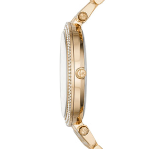 Side profile of Michael Kors Darci MK3438 showing 7mm slim thickness and gold finish with 50m water resistance