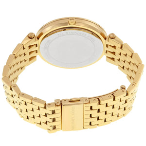 Caseback of Michael Kors Darci MK3438 showing technical specs pavé dial and gold metal bracelet