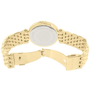 Gold-tone deployment clasp on Michael Kors Darci MK3438 metal bracelet watch water resistant 50m