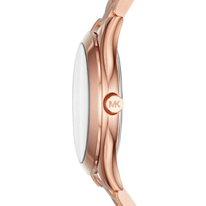 Side view photo of Michael Kors MK3513 showing slim case thickness and rose gold crown detail