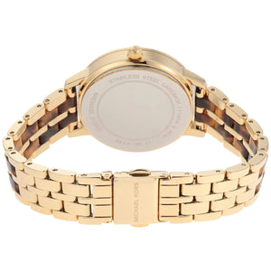 Caseback of Michael Kors Melissa MK4395 women's quartz battery watch showing technical specs gold dial and metal bracelet