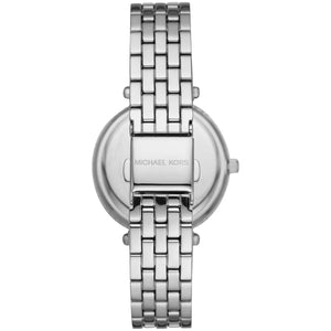 Caseback of Michael Kors Darci MK4516 showing technical specs white dial and silver metal bracelet
